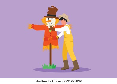 Graphic flat design drawing male farmer in straw hat putting up a scarecrow to keep out pests of birds. Countryside rice fields. Successful agriculture and farming. Cartoon style vector illustration