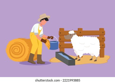 Graphic flat design drawing male farmer feed sheep with fresh grass to be healthy, produce best milk, meat, fleece. Livestock worker activities. Successful farming. Cartoon style vector illustration