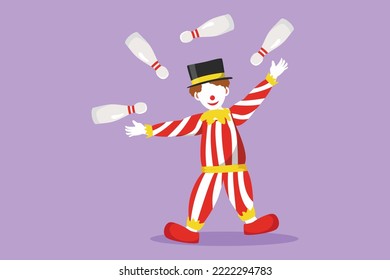 Graphic flat design drawing male clown juggling bowling pin. The playing clown very funny and entertained audience. Circus show event. Success business performance. Cartoon style vector illustration