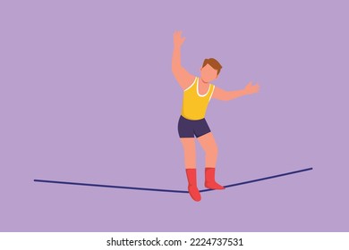 Graphic flat design drawing male acrobat walking on rope while dancing and raising his hand. Attraction requires courage and agility. Circus show event entertainment. Cartoon style vector illustration
