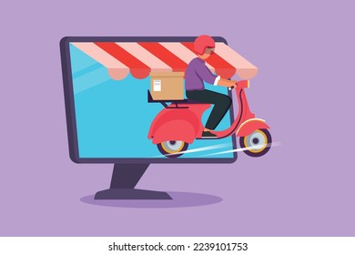 Graphic flat design drawing male courier riding scooter carrying package box out of giant computer monitor screen with canopy. Online delivery service transportation. Cartoon style vector illustration