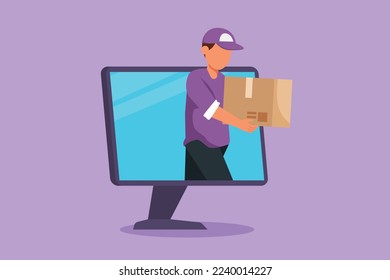 Graphic flat design drawing male courier delivers box package and through monitor computer screen. Online delivery service technology. Fast delivery parcel concept. Cartoon style vector illustration