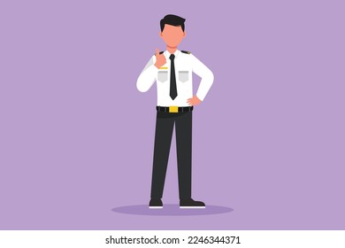Graphic flat design drawing male flight attendant standing in uniform with thumbs up gesture prepare at airport for flying and serve passengers to their destination. Cartoon style vector illustration