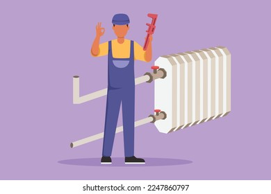 Graphic flat design drawing male plumber standing holding wrench with okay gesture was ready to work on repairing the leaking drain in the sink and the houses drains. Cartoon style vector illustration