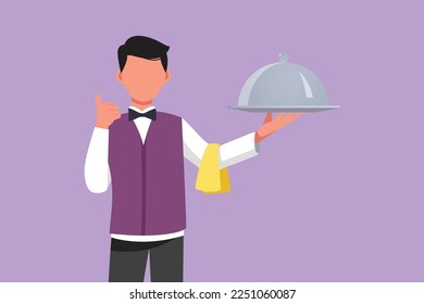 Graphic flat design drawing male waiter holding tray of delicious meals with thumbs up gesture serving customers in restaurant. Work hard to make guests feel happy. Cartoon style vector illustration