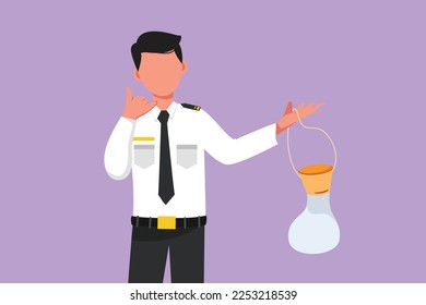 Graphic flat design drawing male flight attendant holding air mask with call me gesture demonstrate emergency situation in cabin plane. Serve passengers in airplane. Cartoon style vector illustration