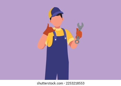 Graphic flat design drawing male mechanic holding wrench with call me gesture and ready to perform maintenance on vehicle engine or transportation. Garage business. Cartoon style vector illustration