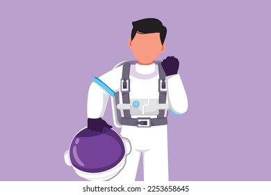 Graphic flat design drawing male astronaut holding helmet with celebrate gesture wearing spacesuit and ready to explore outer space in search mysteries of universe. Cartoon style vector illustration