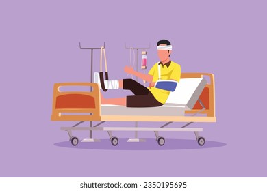 Graphic flat design drawing male patient with broken leg lying in hospital. Hospitalization of patient. Sick person in bed. The leg is bandaged and fixed with cast. Cartoon style vector illustration