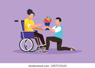 Graphic flat design drawing male and disabled female in wheelchair. Man give bouquet of flower to woman. Caregiver, family moral support. Disability rehabilitation. Cartoon style vector illustration