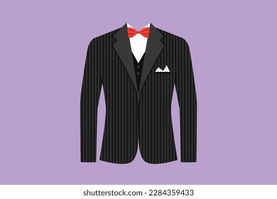 Dibujo gráfico de diseño plano hombre logotipo de traje formal, etiqueta, plantilla, volante, pegatina, tarjeta, símbolo. La chaqueta de los hombres. Traje para hombres casados, esmoquin. Icono de ropa en estilo de negocio. Ilustración vectorial de estilo de dibujos animados