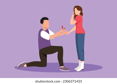 Graphic flat design drawing man kneeling holding engagement ring proposing woman marry him. Happy marriage wedding concept. Guy on knees proposing cute girl to marry. Cartoon style vector illustration