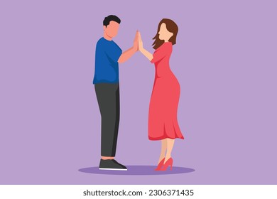 Graphic flat design drawing man and woman holding hands and looking in each other eyes. Romantic couple in love spending time together outdoors. Happy family concept. Cartoon style vector illustration