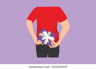 Graphic flat design drawing of man or husband surprise his wife by giving gift, romantic surprise. Birthday presents cardboard box with white ribbon bow logo, symbol. Cartoon style vector illustration