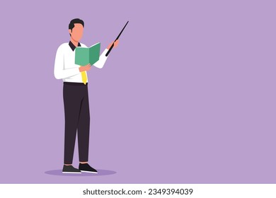 Graphic flat design drawing man teacher standing with open book, pointer in front of classroom teaching lesson. Young smart professor at university is giving lecture. Cartoon style vector illustration