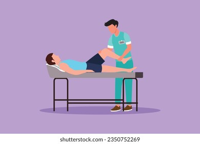 Graphic flat design drawing man lying on massage table professional masseur therapist doing healing treatment massaging patient treating knee manual physical therapy. Cartoon style vector illustration