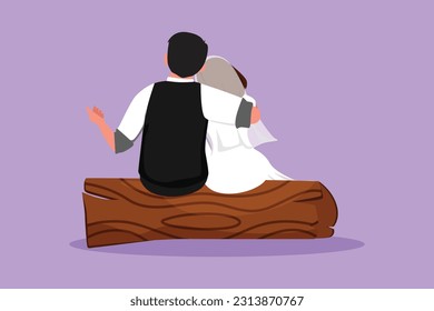 Graphic flat design drawing married people in love sit on wooden log, hugging, looking at moon and star. Man and woman enjoying romantic landscape with wedding dress. Cartoon style vector illustration