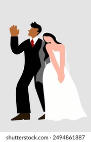 Graphic flat design drawing married couple. Man and woman with wedding dress. Sweet couple celebrate wedding party. Flat cartoon style vector illustration. 