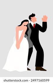 Graphic flat design drawing married couple. Man and woman with wedding dress. Sweet couple celebrate wedding party. Flat cartoon style vector illustration. 