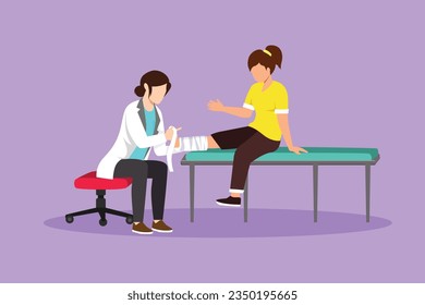 Graphic flat design drawing medical doctor bandage broken leg to little girl patient sitting on couch at clinic or traumatology department. Limb fracture health care. Cartoon style vector illustration svg