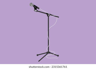 Graphic flat design drawing microphone logo with cable on stand mic isolated on blue background. Standing microphone on stage for sing competition or music festival. Cartoon style vector illustration