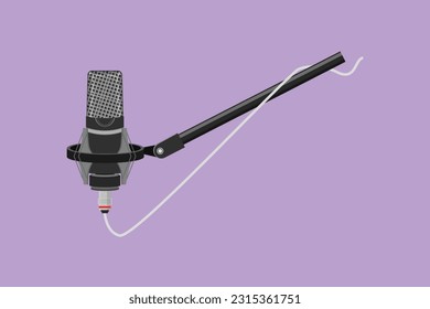 Graphic flat design drawing of modern microphone with clipping path logo, icon, symbol. Condenser mic for studio recording voice. Sound recording equipment concept. Cartoon style vector illustration