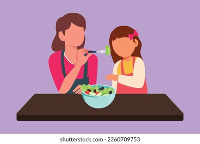 Grafische flache Gestaltmutter füttert ihre kleine Tochter Essen und vor ihr ist eine Schüssel mit Salat gefüllt. Fröhliche Mutter und Kind, die zusammen in der gemütlichen Küche kochen. Cartoon-Stil, Vektorgrafik