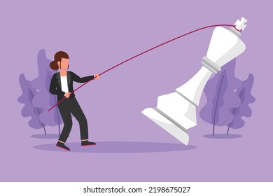 Graphic flat design drawing motivation businesswoman pulling big king chess with rope. Business achievement, targeting strategy, competitive, strategic goals concept. Cartoon style vector illustration