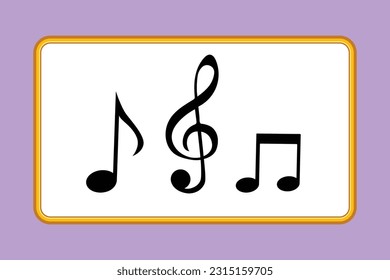 Graphic flat design drawing of music notes on stave. Musical symbol in flat minimalist style. Trendy abstract wave melody for music performance. Outline sketch sound. Cartoon style vector illustration