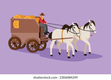 Graphic flat design drawing old wild west horse-drawn carriage with coach. Vintage western transport stagecoach with horses. Retro wild west covered wagons in desert. Cartoon style vector illustration