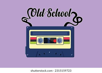 Graphic flat design drawing old school slogan with cassette tape icon, logo, label. Audio cassette with retro symbol isolated on blue background. Vintage music icon. Cartoon style vector illustration