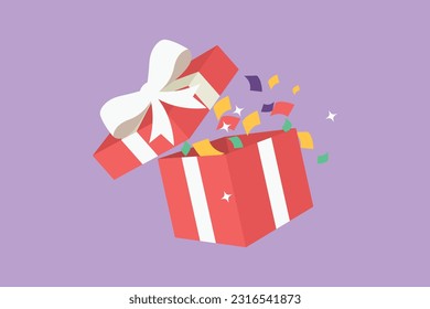 Dibujo gráfico plano de diseño abierto caja de regalo roja con cinta blanca y icono del logotipo del arco, etiqueta, símbolo. Saludo el paquete actual. Regalo decorativo o caja de cartón con arco. Ilustración vectorial de estilo de dibujos animados