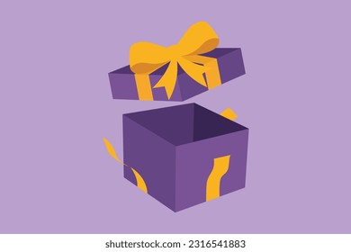 Graphic flat design drawing opened gift box with confetti. Present package with bursting element, surprise inside, celebration event, presents, birthday logo, symbol. Cartoon style vector illustration