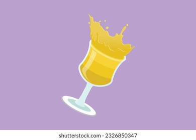 Diseño plano gráfico de agua naranja salpicada de vidrio vintage aislado en fondo azul. El agua salpicada en vidrio retro. Enjuelas de agua de limón en un vaso. Ilustración vectorial de estilo de dibujos animados