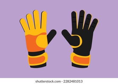 Graphic flat design drawing pair of soccer goalkeeper gloves logo. Goalkeeper protection gloves. Outdoor sport icon. Sports inventory for competition game tournament. Cartoon style vector illustration