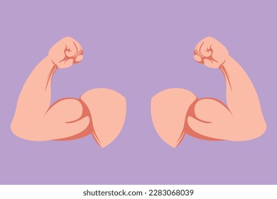 Graphic flat design drawing pair of arm, bicep, strong hand icon. Strong power, muscle arms logo, label. Muscular hand symbol for fitness club emblem, strength human. Cartoon style vector illustration