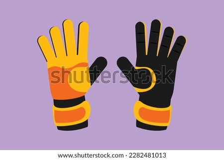 Graphic flat design drawing pair of soccer goalkeeper gloves logo. Goalkeeper protection gloves. Outdoor sport icon. Sports inventory for competition game tournament. Cartoon style vector illustration