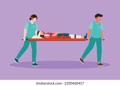 Graphic flat design drawing paramedic team of woman doctors moving with injured sick patient on stretcher to ambulance car. Saving lives, calling emergency accident. Cartoon style vector illustration