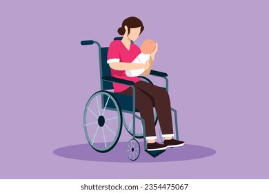 Diseño plano gráfico que dibuja a padres con recién nacidos. Una mujer hermosa sostiene a su bebé, sentada en silla de ruedas. Mujer discapacitada sosteniendo un bebé en sus brazos. Concepto de amor familiar. Ilustración vectorial de estilo de dibujos animados