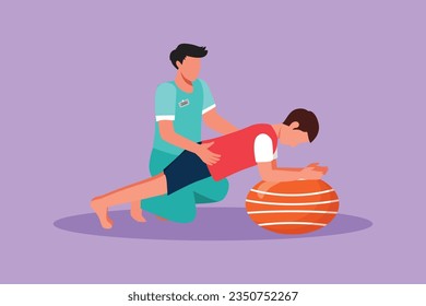 Graphic flat design drawing physiotherapist, rehabilitologist doctor rehabilitates man patient. Male doing exercises on fitball. Physiotherapy rehab, injury recovery. Cartoon style vector illustration