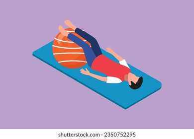 Graphic flat design drawing physiotherapy rehabilitation isometric composition with man character lying on mat with legs on rubber ball. Healthcare medical concept. Cartoon style vector illustration