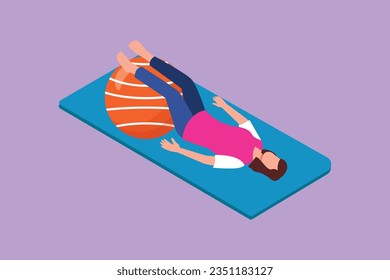 Diseño plano gráfico dibujar fisioterapia rehabilitación composición isométrica con personaje femenino sobre tapete con piernas sobre bola de goma. Concepto médico de salud. Ilustración vectorial de estilo de dibujos animados