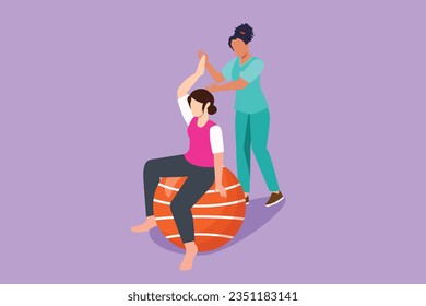 Graphic flat design drawing physiotherapy rehabilitation isometric composition with young beautiful woman patient sitting on ball and female doctor holding her hand. Cartoon style vector illustration