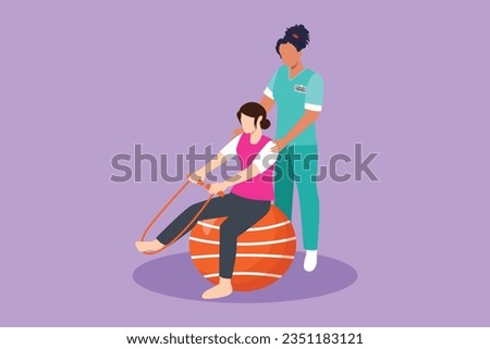 Graphic flat design drawing physiotherapy rehabilitation isometric composition with medical specialist helping young beautiful woman patient to massage leg with rope. Cartoon style vector illustration