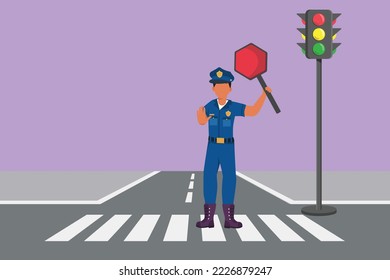 Graphic flat design drawing policeman on crossing path near traffic light, in full uniform, lifting traffic stop sign, controlling crowd of vehicles during rush hour. Cartoon style vector illustration