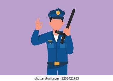 Graphic flat design drawing policeman holding police baton with okay gesture and in full uniform ready to enforce traffic discipline on highway. Male police on duty. Cartoon style vector illustration