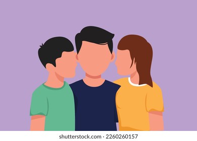 Graphic flat design drawing portrait adorable son   daughter kissing their father  Happy fathers day concept  Family holiday  Love children and their father  Cartoon style vector illustration