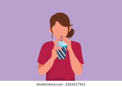 Graphic flat design drawing portrait of woman holding plastic cup and drink orange juice in hot summer. Busy time at office hour. Active female feels thirsty at work. Cartoon style vector illustration