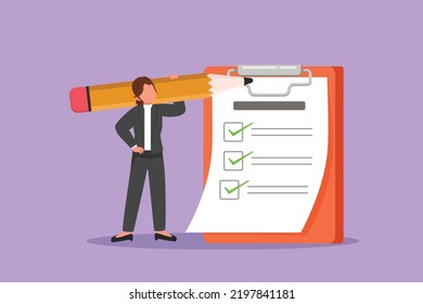 Graphic flat design drawing positive businesswoman with giant pencil on her shoulder nearby marked checklist on clipboard paper. Successful completion business tasks. Cartoon style vector illustration