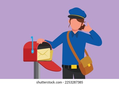 Graphic flat design drawing postwoman holding envelope on mail box with call me gesture, wearing hat, bag, and uniform, working hard to delivery mail to home address. Cartoon style vector illustration